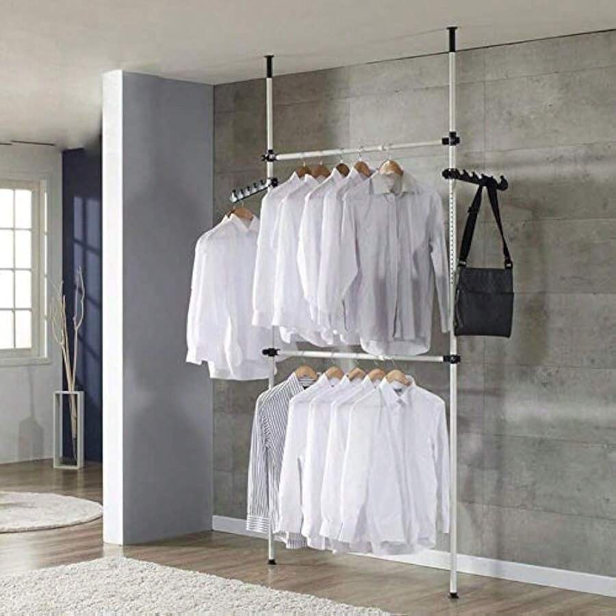 Telescopic Clothes Hanging Rail Heavy Duty Telescopic Wardrobe Organiser Hanging Rail Clothes Clothes Pole For Wardrobe Adjustable Hanging Clothes Rack Wardrobe Rails For Clothes 2 Poles 2 Bars - White,Black1 - View 1