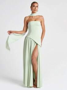 Elegante vestido de noche con abertura alta, sin tirantes y fluido, vestido de fiesta
