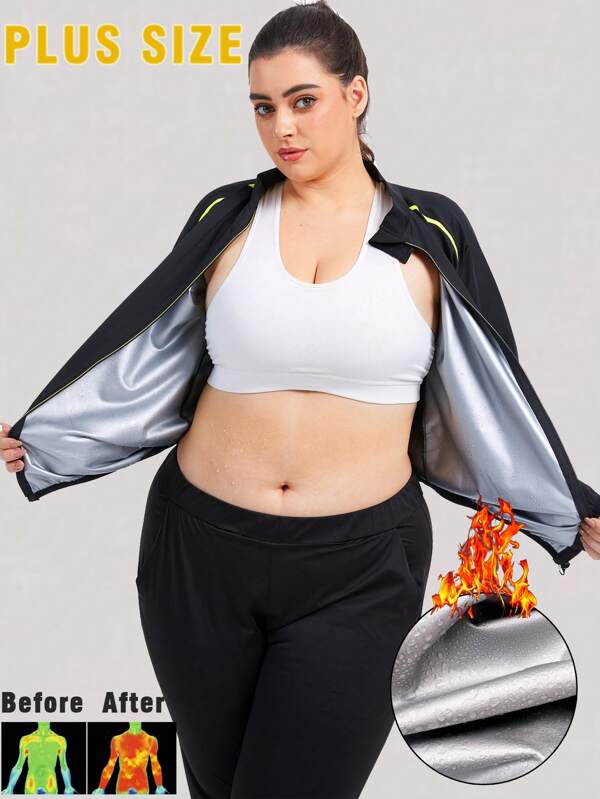 1 pièce Combinaison de sauna plus grande taille avec piège à chaleur, veste de sauna à manches longues, Top moulant pour la perte de poids, workout, yoga, cyclisme pour femmes