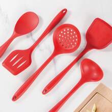 Kitchen All-In-One Heat-Resistant Silicone Cookware Set,Five-Piece Set,Household Silicone - Spatula, Soup Spoon, Frying Spatula, Slotted Spoon, Rice Spoon, Non-Stick Pan Cooking Spoon And Spatula Silicone Spatula Fish Frying Spatula Stir-Fry Spatula Steak Spatula Frying Pan Spatula Kitchenware, Non-Stick, Anti-Slip, Heat-Resistant, Anti-Scald (Without Rack)