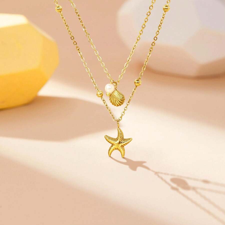 DAILI 18K Gold Plated Shell Necklace, Multi-Layer Starfish Shell Pearl Pendant, Non-Oxidizing Stainless Steel Adjustable Chain, Suitable For Summer Beach Vacation, Mother's Day Gift For Her - Yellow Gold - View 1