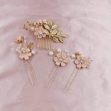 4pcs Gold Leaf Hair Combs, Handmade Bridal Flower Hair Accessories, Wedding Pearl Hair Ornaments, Hairpin & Hairclip Set