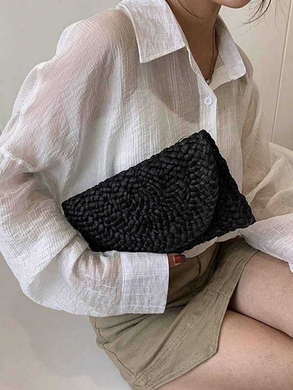 BAILEE 1 pieza Bolso de mano de cena con trenzado de hoja de maíz, bolso grande de mujer de paja de estilo sólido y simple para moda, ideal para vacaciones, viajes, combinar con ropa de moda y salir de compras con amigos