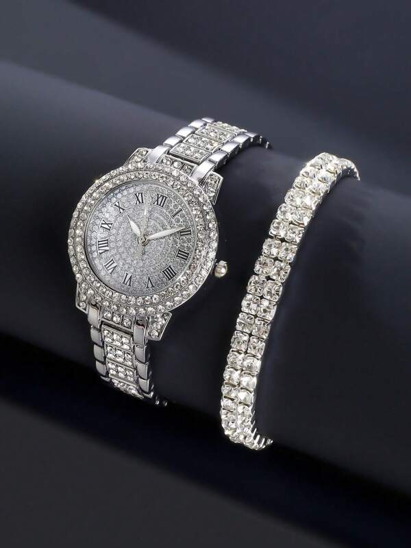 2buc/Set Ceas Dama Set Diamant De Lux Ceas Curea Otel Argintiu Bratara Dubla Diamant