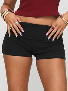 Fold Over Booty Short For Women Y2K Low Rise Cute Pajama Shorts Comfy Lounge Pj Mini Bottoms Going Out Micro Shorts - 黑色 - 查看 2
