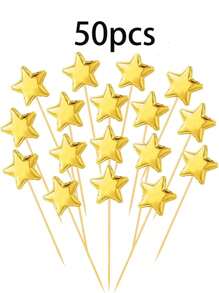 50/100pcs Gold Foil Star Cupcake Toppers, Cute Party Decorations Suitable For Weddings, Birthdays, DIY Desserts, Fruit Food Picks