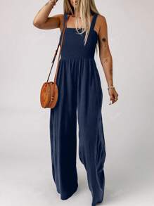 Acelitt Summer Women's Solid Color Square Neck Chest Diagonal Pleated Patchwork Pocket Casual Vacation Loose Wide Leg Sleeveless Suspender Jumpsuit