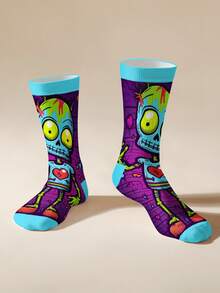 1 Pair Cute Skull Pattern Socks - Mysterious Colors, Fashionable 360 Digital Print Mid-Calf Socks, Random Prints, Avant-Garde Nordic Style, Comfortable, Casual, Everyday, Commute, Cute, Quirky Mature Charm, Elegant Niche, Sweet Cool (Electronic & Millennium Style) Novelty Performance Fabric, Underwear & Sleepwear & Socks, All Seasons - Multicolor - View 9