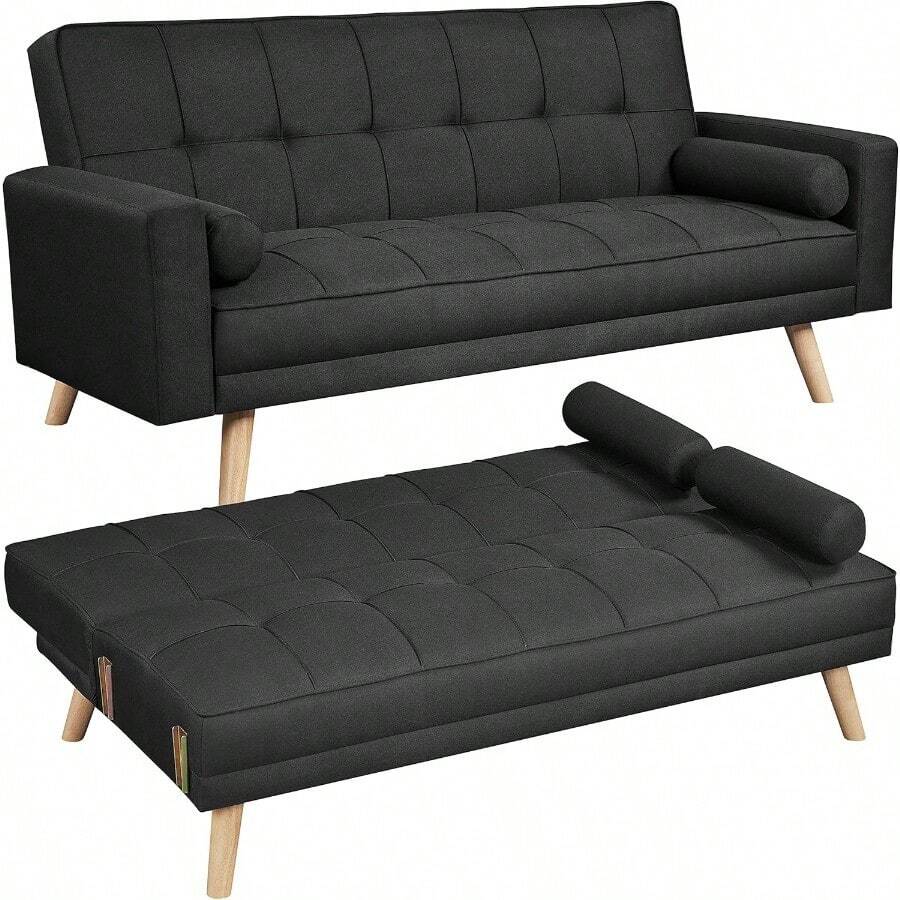 Modern Fabric Sofa Bed 3 Seater  Sofa Settee Recliner Couch With Wooden Legs For Living Room/Guest Room/Office,Grey - Black - View 1