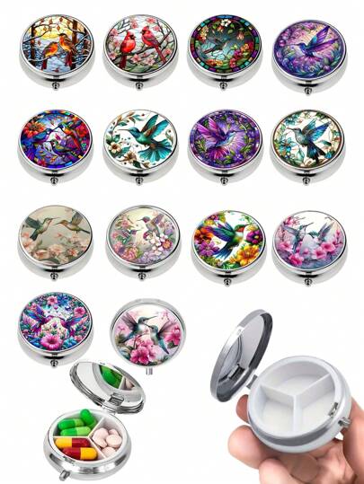 Juego de 1 estuche para pastillas con forma de colibrí suave, 1 pastillero de triple compartimento, 1 estuche mini para pastillas, 1 estuche para pastillas de la billetera, 1 pastillero portátil, 1 contenedor de pastillas de bolsillo o billetera, 1 estuche decorativo de metal para vitaminas, 1 regalo de viaje único