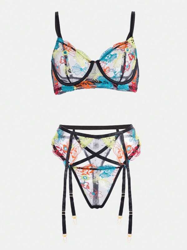 Sexy lingerie voor dames met borduurwerk, doorschijnende mesh en jarretelbeha, set van 3