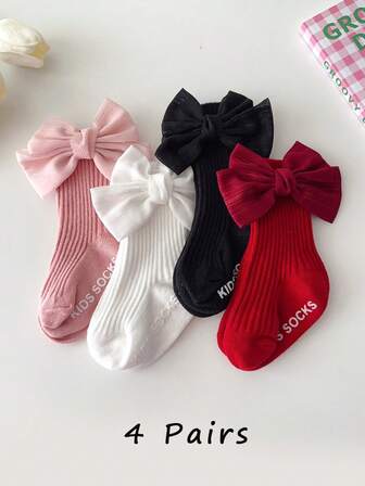 4 双婴儿柔软蝴蝶结中筒袜，适合基本搭配
