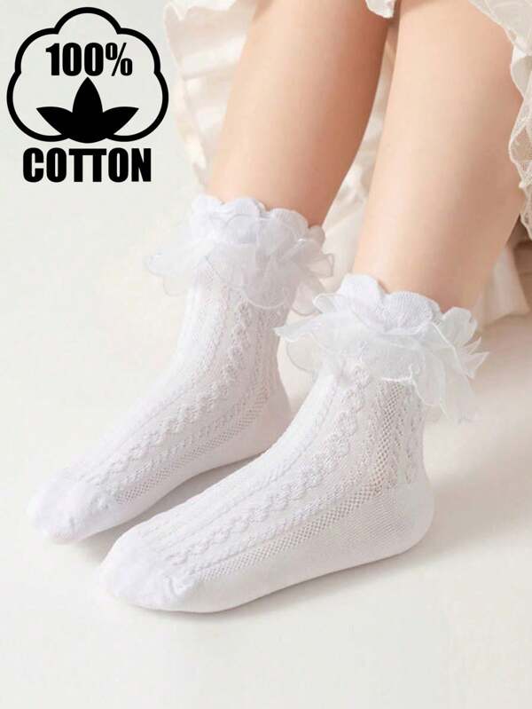 1 Pair Girls' Cotton Solid Color Lace Trim Socks, Suitable For Dance