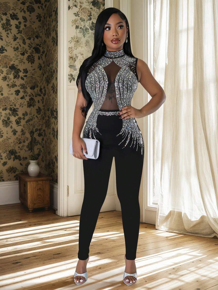 Elegant And Fashionable Women's Black Sleeveless Stand Up Collar Long Ball Dress, Semi Transparent Mesh, Rhinestone Decoration, Suitable For Party Wear, Halloween Costume, Women's Christmas Jumpsuit, Autumn,Winered, Blue,Winter Clothes For Women,New Year Women's Outfit ,Formal Ball Gowns For Women