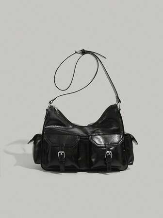 1pc Solid Color Simple Multi-Pocket Faux Oiled Leather Shoulder Messenger Bag, Suitable For Work, Commuting, Street, Party