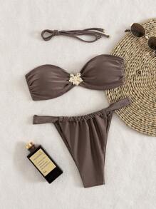 Women's Solid Color Fashion 3D Floral Decor Bikini Set, Spring Break/Summer Beach Holiday