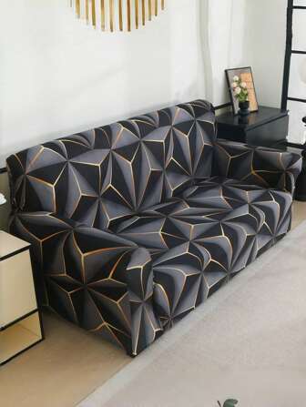 1pc Geometric Lines Printed Elastic Sofa Cover, All-Season Sofa Protector, Home Decor