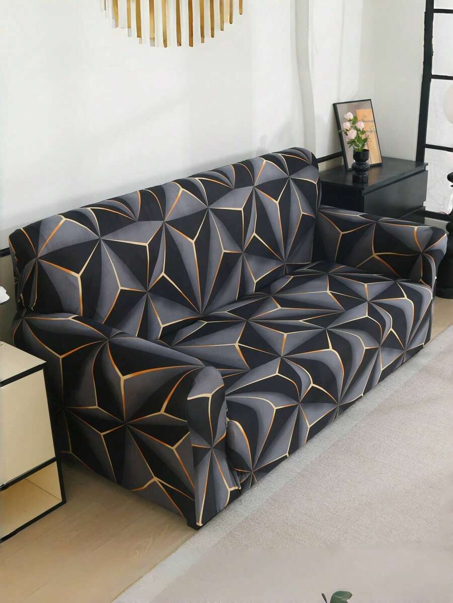 1pc Geometric Lines Printed Elastic Sofa Cover, All-Season Sofa Protector, Home Decor