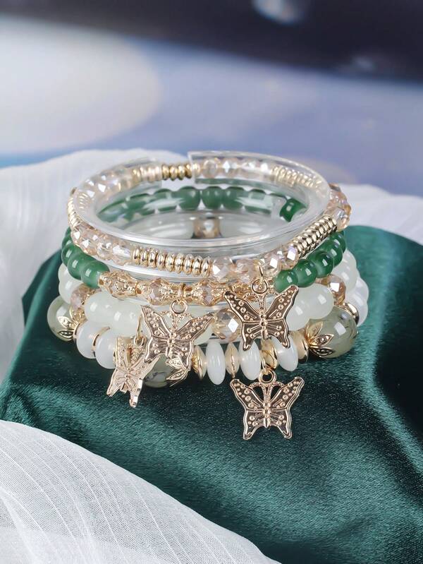 4 Stücke Boho Stil Mode Vintage Beliebt Europäisch & Amerikanisch Faux Kristall Glas Schmetterling Armband Set für Frauen, Geschenkidee für Urlaub, Alltag, Party, täglichen Gebrauch