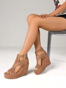 Wedges High Heels Sandals For Women Fashion Hollow Out Design Peep Toe Platform Back Zipper Bohemian Sandals Woman - màu nâu - Xem 5
