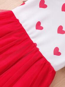 Young Girl Heart Print Short Sleeve Valentine's Day Mesh Dress - Red - View 4