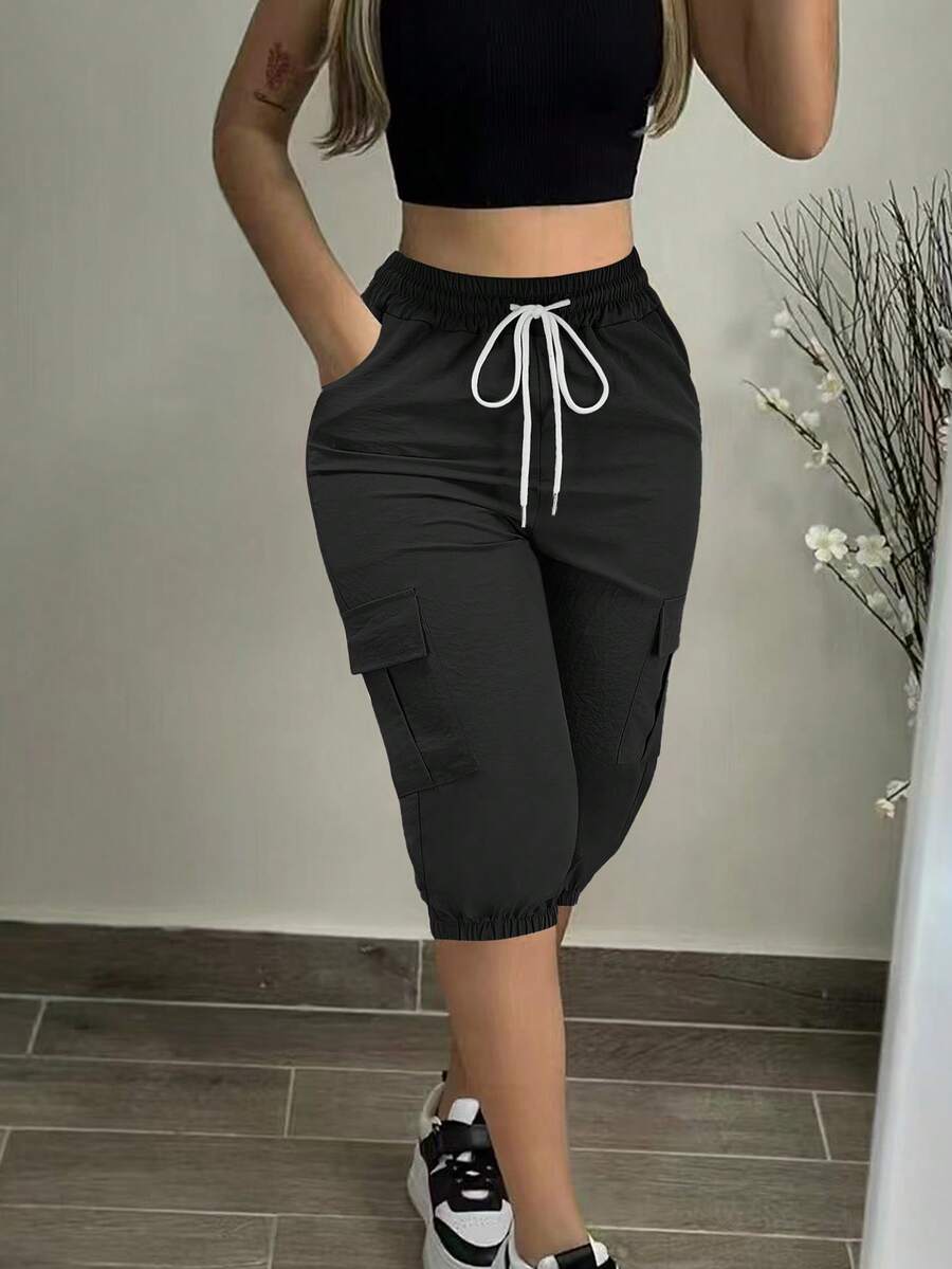 Women Fashion Casual Drawstring Waist Ankle-Length Shorts - Black - View 1