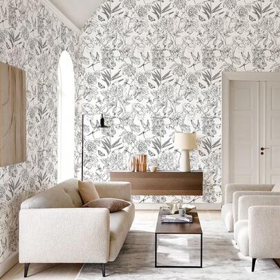 1 卷简约白色花朵和蝴蝶植物印花家居装饰壁纸，室内装修壁纸，简约花卉叶子设计自粘防水防油贴纸，适用于 DIY 家具橱柜装饰