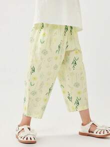 mini bala Girls' Long Pants Soft Skin-Friendly Breathable High-Waist Loose Carrot Pants Summer - Greenish Yellow - View 2