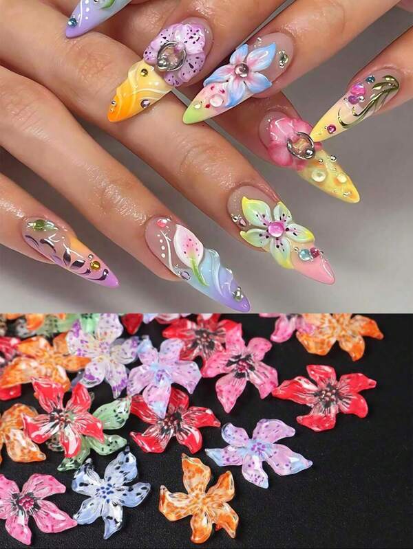 100 pièces Décoration d'art pour ongles en forme de fleur de lys douce, accessoires de décoration d'ongles imprimés léopard, accessoires décoratifs de fleurs colorées pour le visage, fournitures pour ongles, charms pour ongles, pierres précieuses pour ongles