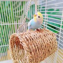 编织宠物玩具 | 适用于仓鼠、豚鼠、蜜袋鼯、松鼠、鹦鹉 | 手工制作的树洞吊巢、吊床、管子 | 笼子装饰，多用途鸟笼，自然风格 - 棕色 - 查看 3