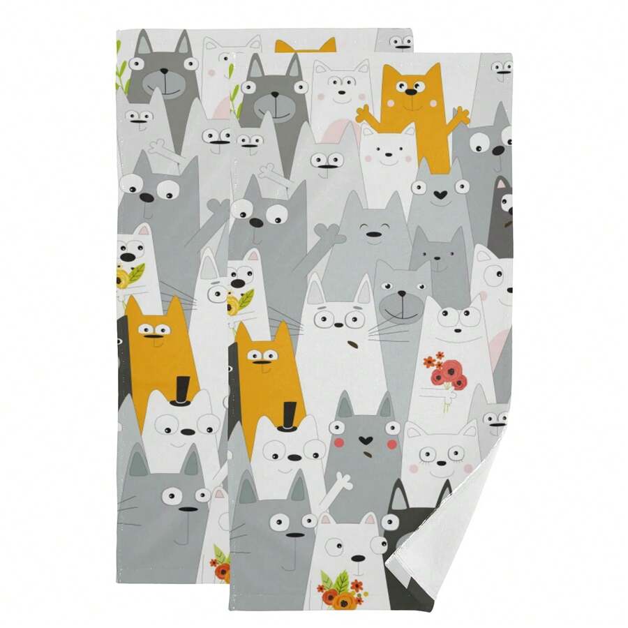 2pc Cartoon Funny Cats 2 Pcs Towel Soft Washcloth Hand Towel For Bathroom Home Decor