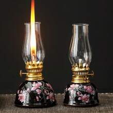 1pc Ceramic Enamel Floral Household Oil Lamp, Includes Lampshade, Adjustable Wick, For Indoor Use - Fuel Not Included, Suitable For Christmas, Easter, Festival, Valentine's Day, Gifts