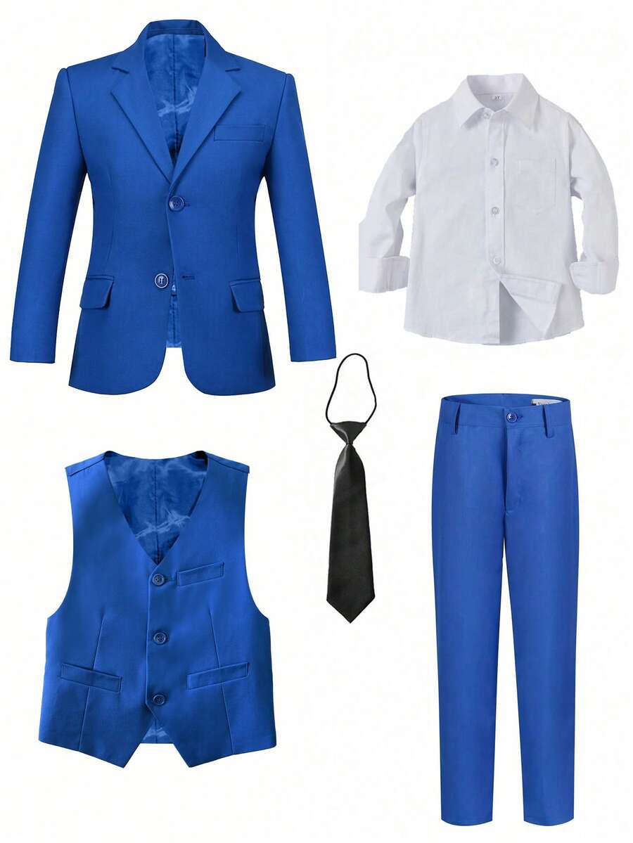 Tween Boy Suits 5-Pieces Suit Set Tuxedos Dresswear Ring Bearer Outfit Wedding Blazer Vest Pants Shirts Tie Formal Suits, Royal Blue Size 6-16Y - 寶藍色 - 查看 1