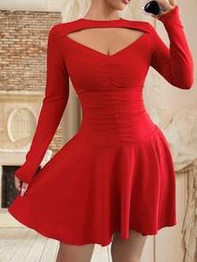 abyoxi Solid Color Sexy Front Cut Out Ruched Long Sleeve Ruffle Hem Slim Fit Dress Elegant Casual Commute Romantic,Wedding Party,Birthday Party,Wedding Guast,New Women's Clothing