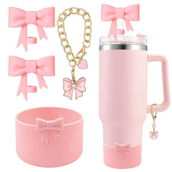 Cup Accessories Set Compatible With Stanley,Including 2Pcs Cute Bow Straw Cover Caps 10mm Reusable Straw Toppers,1pc Silicone Boot Sleeve And 1pc Handle Charm,Compatible With Stanley 30&40oz