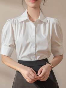 女式素色前扣优雅通勤短袖衬衫，夏季 - 白色 - 查看 1