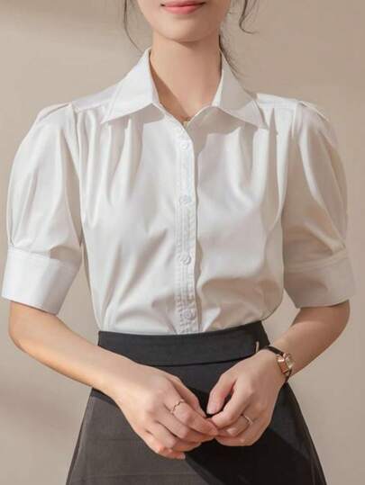 여성용 평면 전면 버튼 엘레강스 통근 반팔 블라우스, 여름