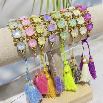 1pc Square Rhinestones Lnlaid Bracelet, Adjustable Tassel Hand Rope, Elegant And Luxurious Style Ladies Bracelet.