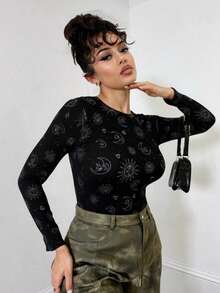 Blusa sexy dama mujer semi transparente tejido stretch mesh estampado luna estrellas cuello redondo manga larga bajo ajustado noche fiesta evento festival cumpleaños concierto cómoda primavera verano - Negro - Ver 5