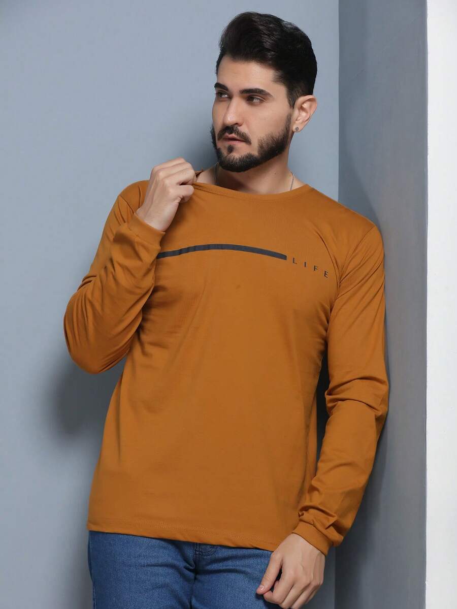 Men's Long Sleeve T-Shirt, Basic Hoodless Blouse, LIFE Print - Camel - View 1