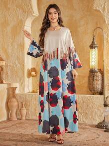 Abito elegante da donna a maniche lunghe con decorazioni in paillettes e stampa floreale, modesto