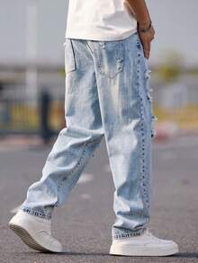 1 pieza de pantalones vaqueros desgastados y rotos para hombre, pantalones casual de pierna recta, lavado vintage con ajuste holgado para uso diario - Azul - Ver 9