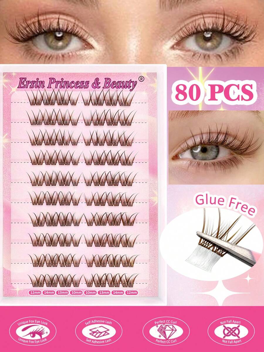 80 片棕色自粘睫毛簇蓬松 10-14 毫米混合长度套装，无需胶水蓬松单根睫毛自粘 DIY 睫毛延长预粘簇睫毛自然纤细睫毛延长 C 卷睫毛簇无需胶水无需卸妆假睫毛睫毛簇、睫毛簇、单根睫毛、睫毛、假睫毛