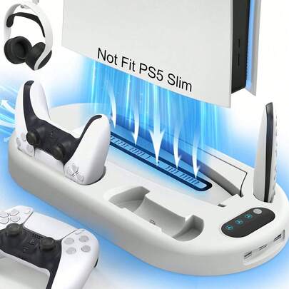 Estación de enfriamiento Soporte para PlayStation 5 con ventilador de enfriamiento y estación de carga para consola PlayStation, con estación de acoplamiento, cargador de control para PlayStation 5 y PlayStation 5 Disc y Digital en color blanco