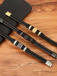 Bracelet élégant tressé double couche pour homme avec fermoir en acier inoxydable doré – Bracelet à la mode en cordon tressé noir, fabriqué à la main