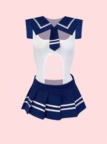 Conjunto de estilo universitario de lencería sexy para mujeres de 3 piezas: Mono sin entrepierna, Cuello, Falda