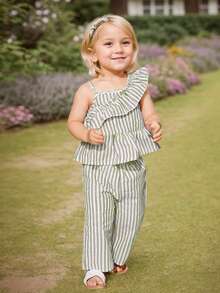 2pcs Girls Striped Ruffle Trim Short Sleeve Top And Wide Leg Pants Set, Summer - Green - View 4