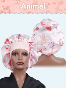 1PC Printed Animal Fruits Casual Cute Satin Hair Bonnet Wide Brimmed Elastic Band Splicing Sigle Layer Sleeping Night Caps For Women Hair Care Hats Curly Bonnet