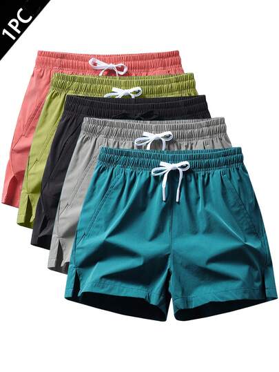 一件式男士快干轻质运动短裤，腰部有口袋拉链和抽绳，字母印花，适合健身房锻炼、跑步和攀岩