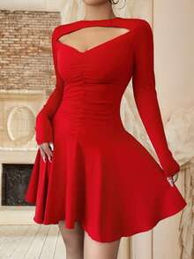 abyoxi Solid Color Sexy Front Cut Out Ruched Long Sleeve Ruffle Hem Slim Fit Dress Elegant Casual Commute Romantic,Wedding Party,Birthday Party,Wedding Guast,New Women's Clothing